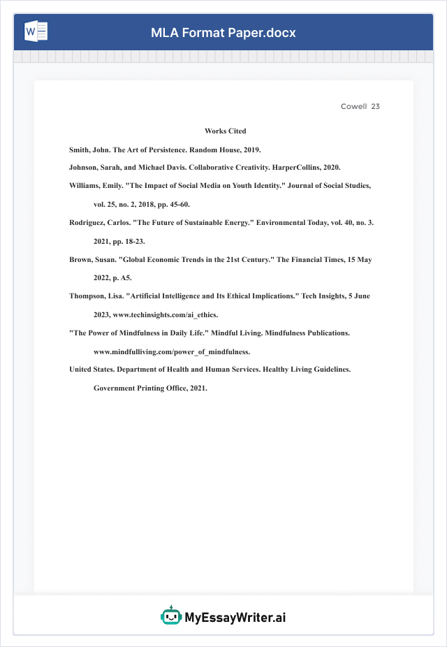 Works Cited Page in MLA Format - MyEssayWriter.ai