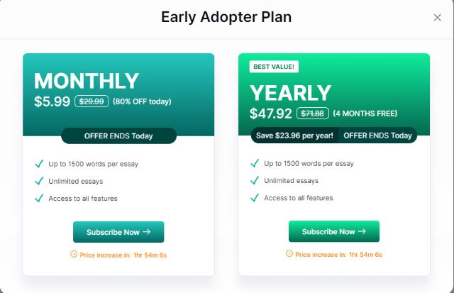 AI Essay Writer Pricing Plan