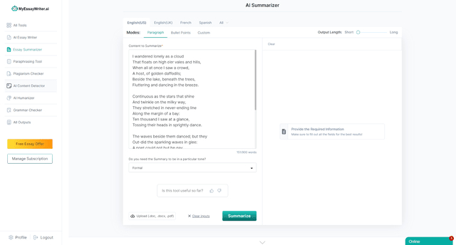 Upload or Paste the Poem in AI Summarizer tool by MyEssayWriter.ai