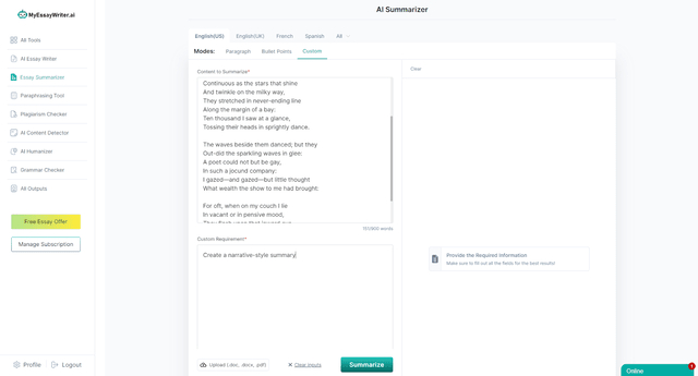 Set your preferences in AI Summarizer tool by MyEssayWriter.ai
